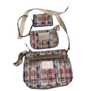 Coach Pink Tan Poppy Daisy Madras Signature Plaid Crossbody Bag Wristlet Wallet